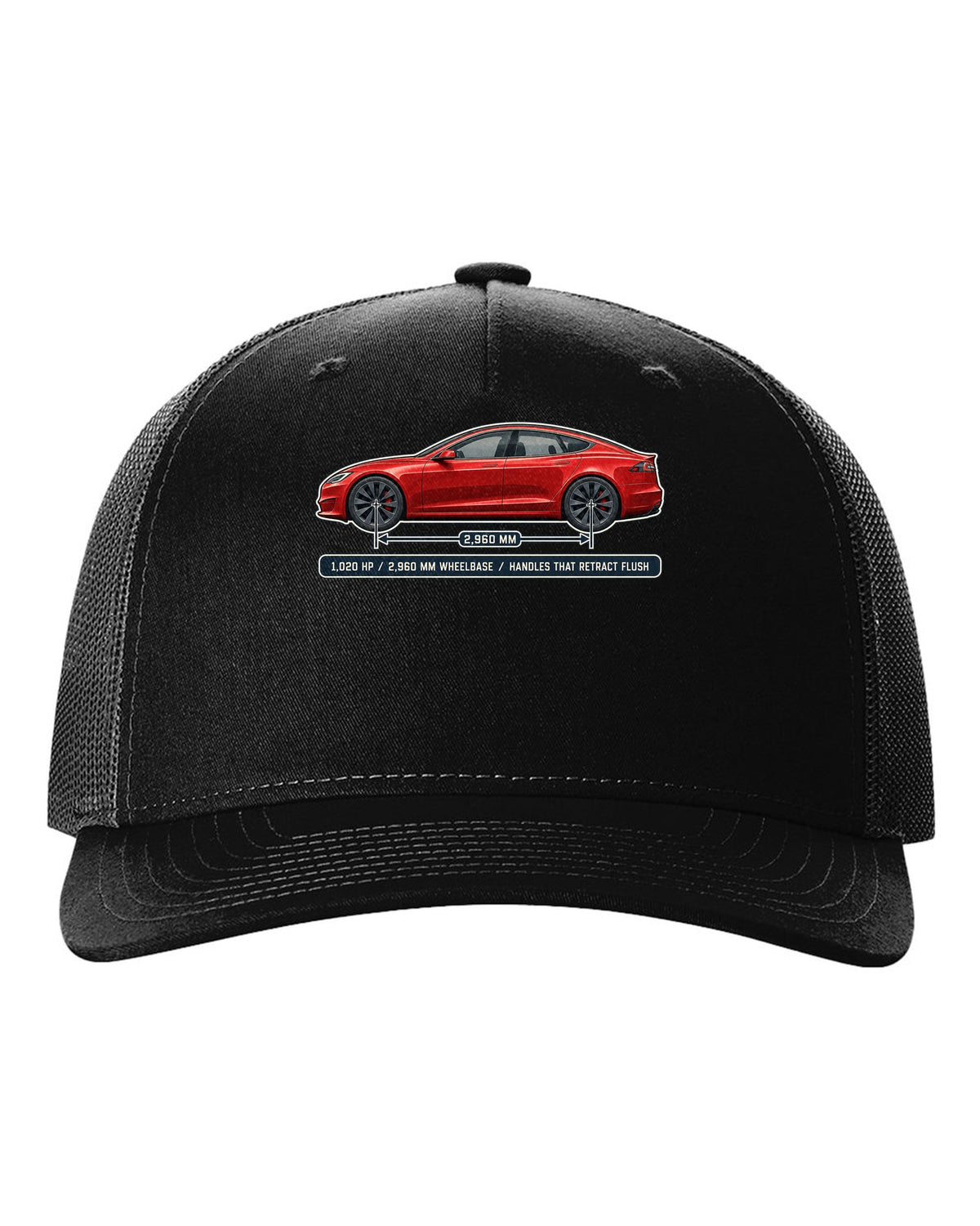 Tesla Model S Plaid Dimension Blueprint black hat front view with the design