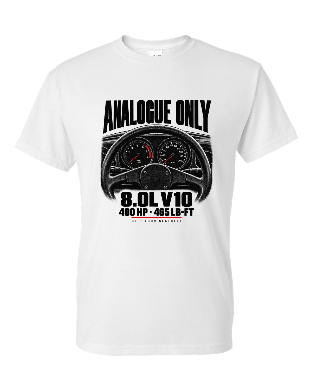 Cockpit gauge print of a 1994 Dodge Viper RT/10 SR I with analogue only and 8.0L V10 text white t-shirt front view with the design