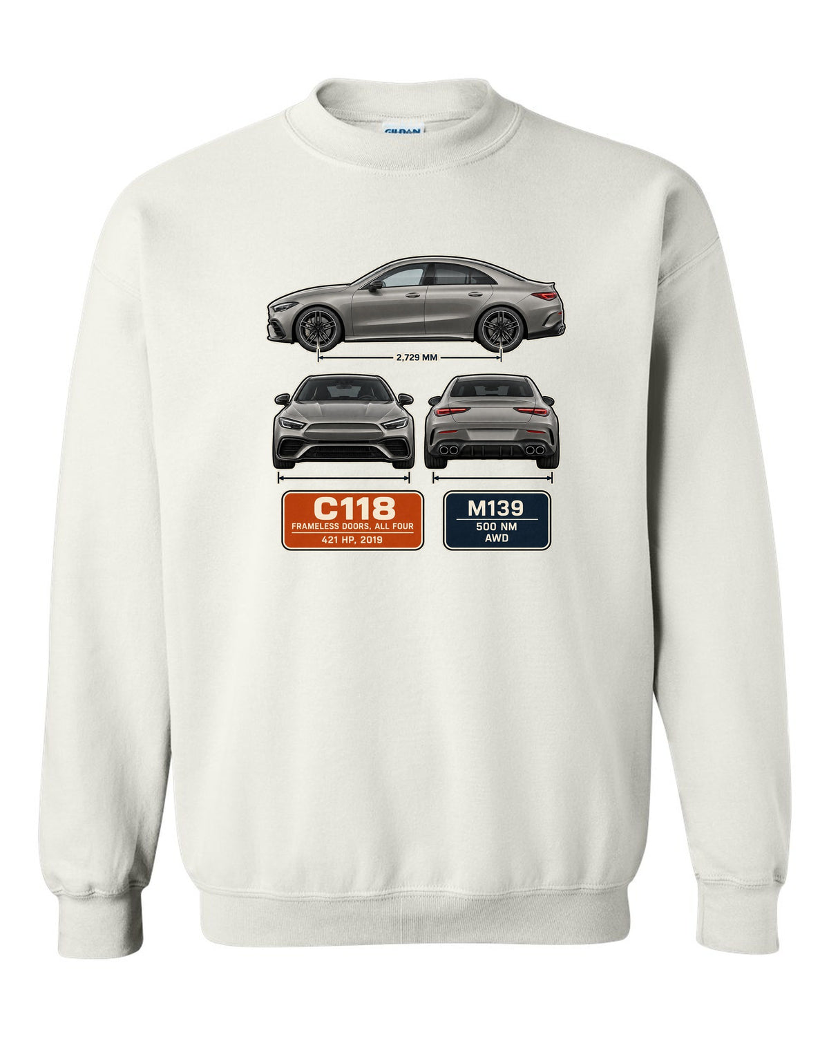 Mercedes-AMG CLA 45 S C118 four-door coupe three-view spec print white crewneck front view with the design