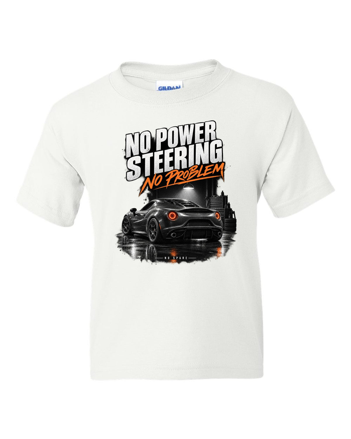 Garage night print of an Alfa Romeo 4C with no power steering no spare text white kids tee front view with the design