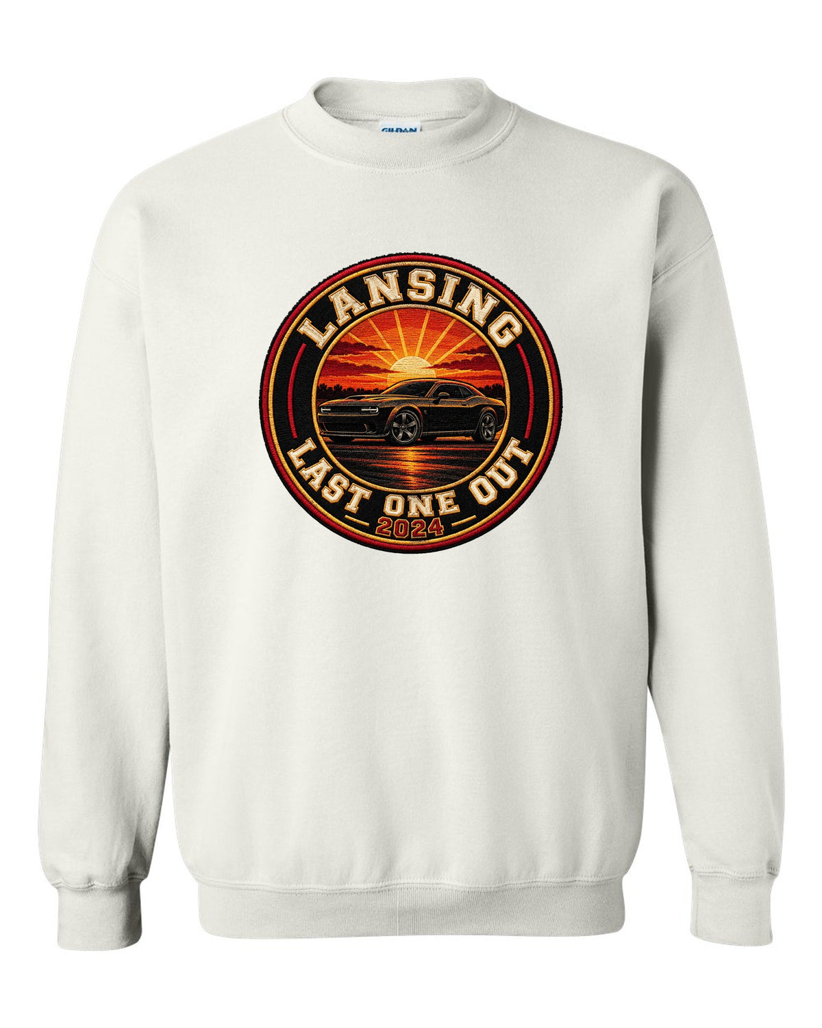 2023 Chevrolet Camaro varsity crest print reading Lansing Last One Out 2024 white crewneck front view with the design