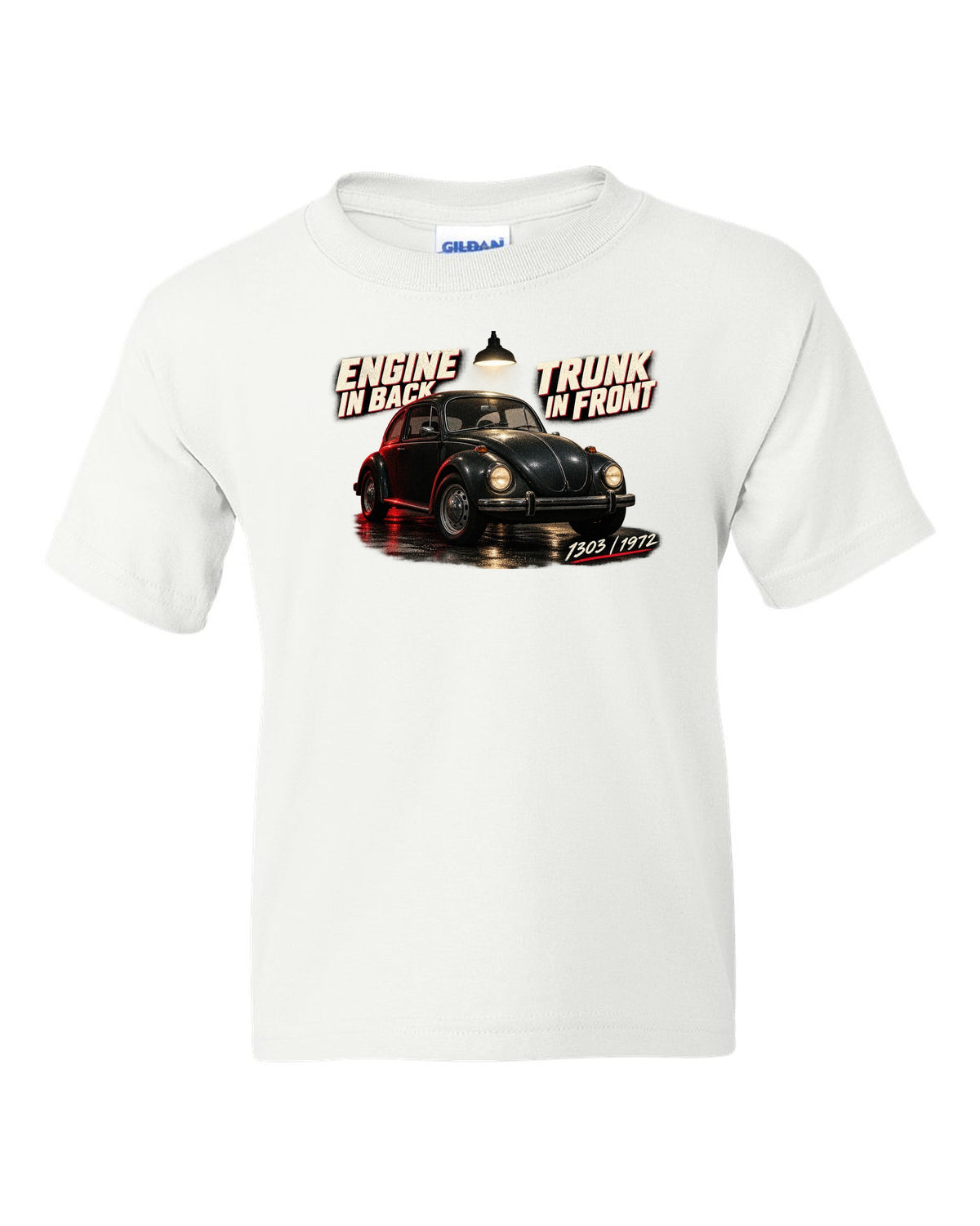 Garage night print of a VW Beetle 1303 front three-quarter with engine in back trunk in front text white kids tee front view with the design