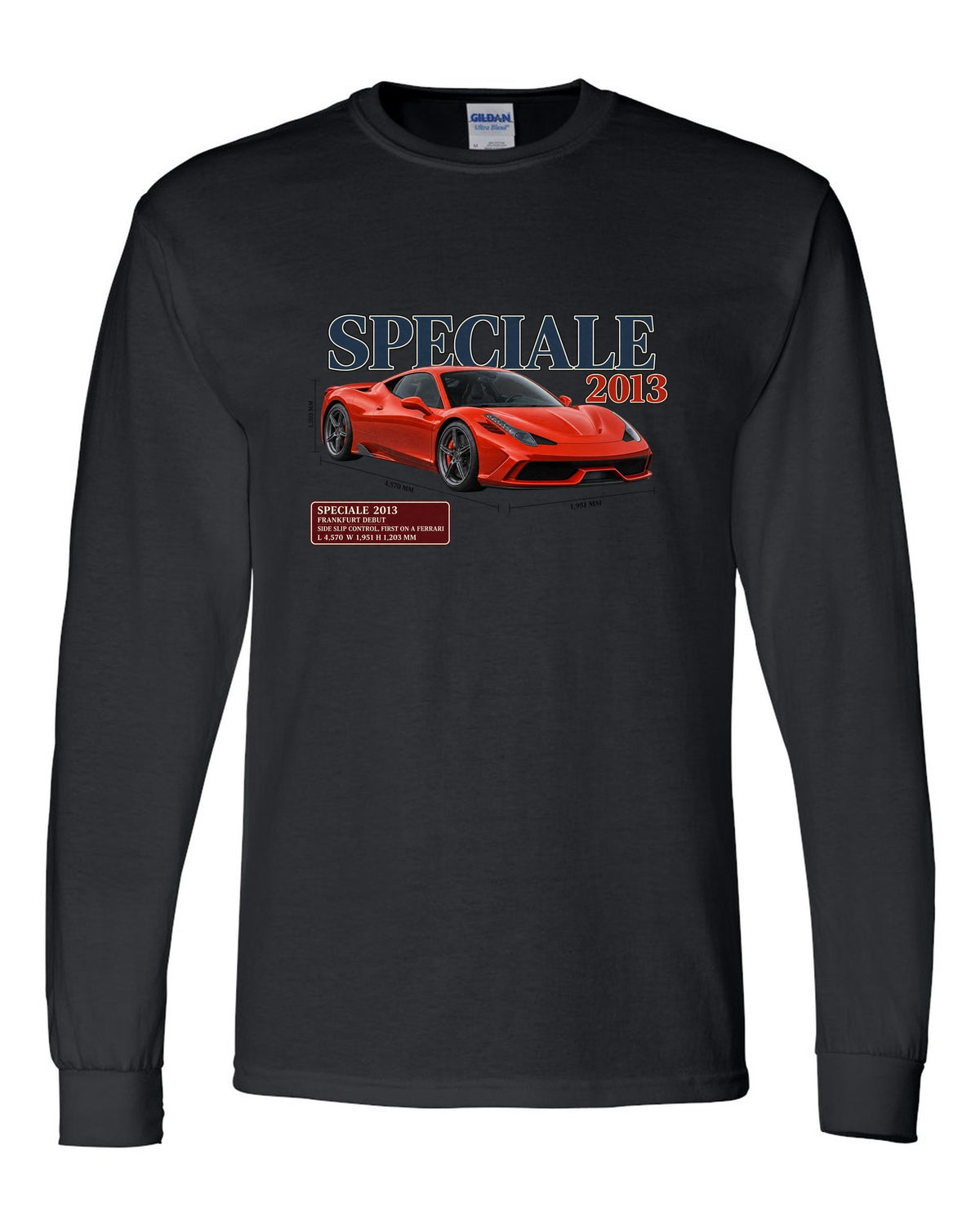 Archive panel print of the Ferrari 458 Speciale in red-orange black long sleeve front view with the design