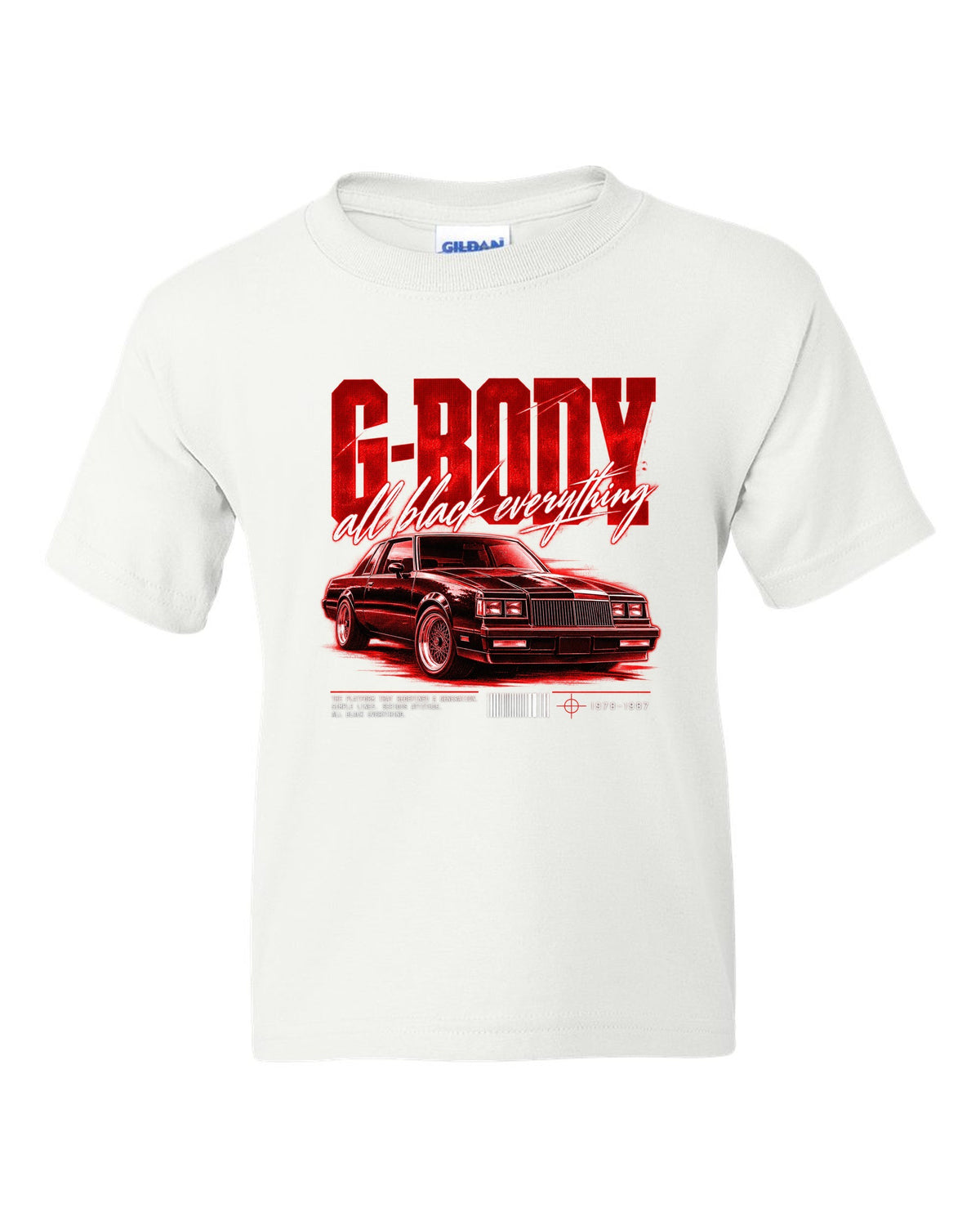 print street poster of an all black Buick Regal G-body coupe 1984-87 white kids tee front view with the design