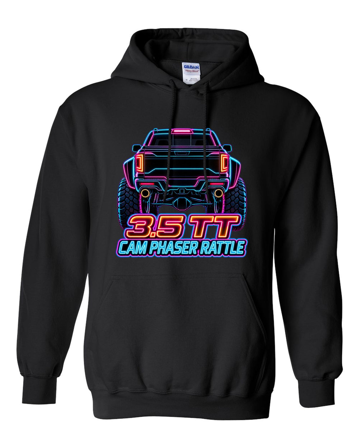 Neon outline print of a 2017-2020 Ford F-150 Raptor Gen 2 P552 taillights on black black pull over hoodie front view with the design