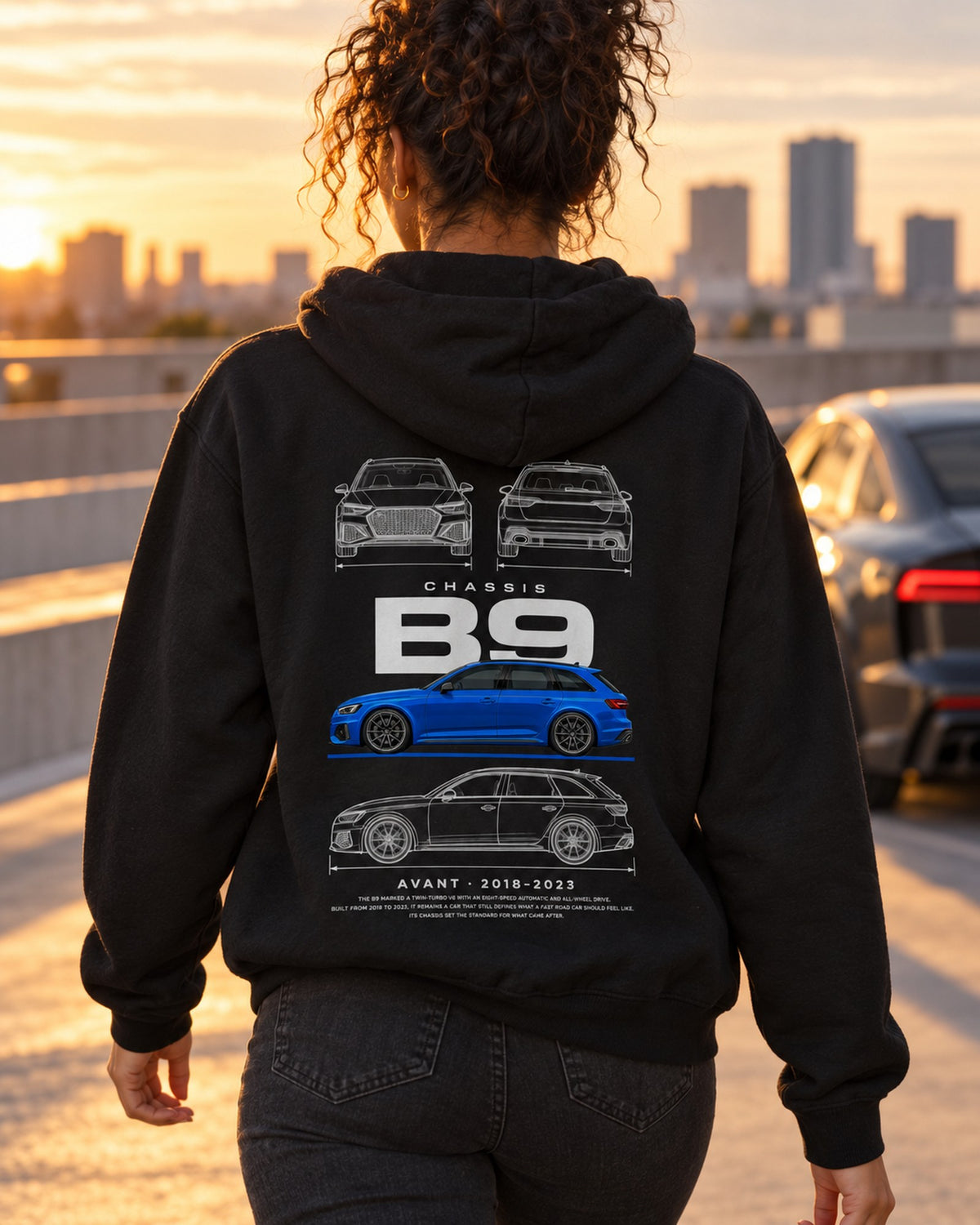 Audi B9 RS4 Avant wagon Blueprint Full-Back Graphic Tee, B9 Chassis Code Pull Over Hoodie Black worn hero