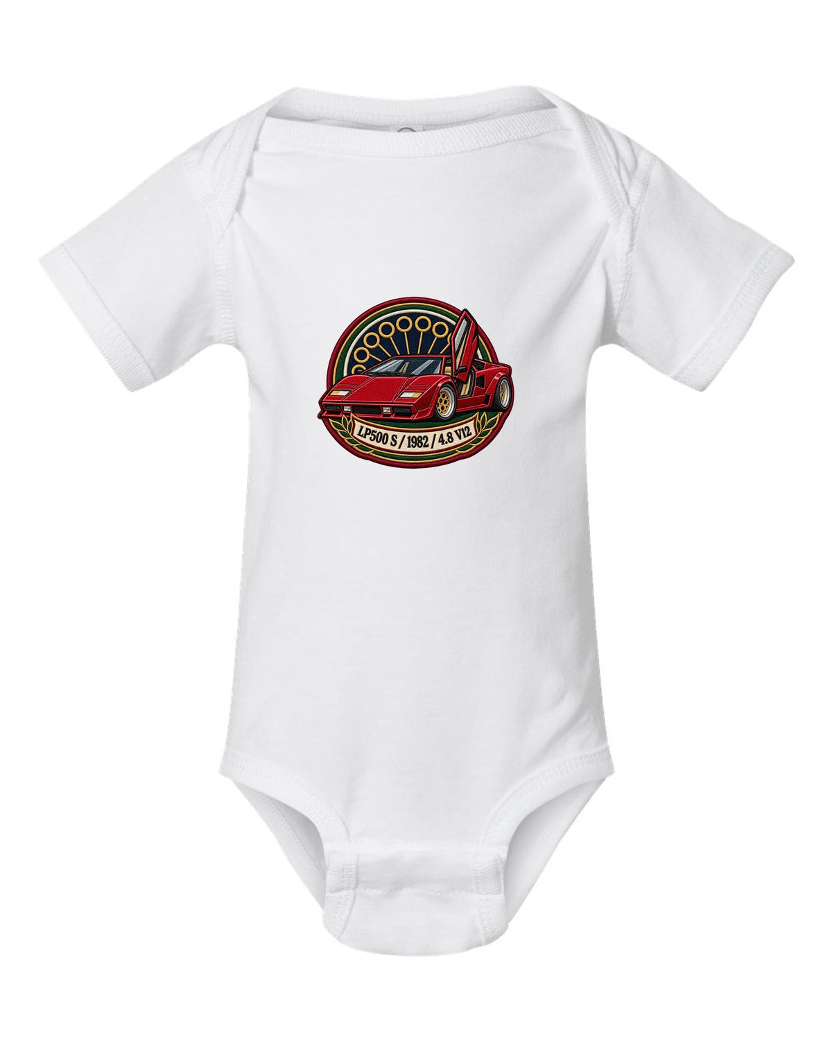 Varsity embroidery crest for a 1982 Lamborghini Countach LP500 S with 4.8 V12 lettering white baby onesie front view with the design