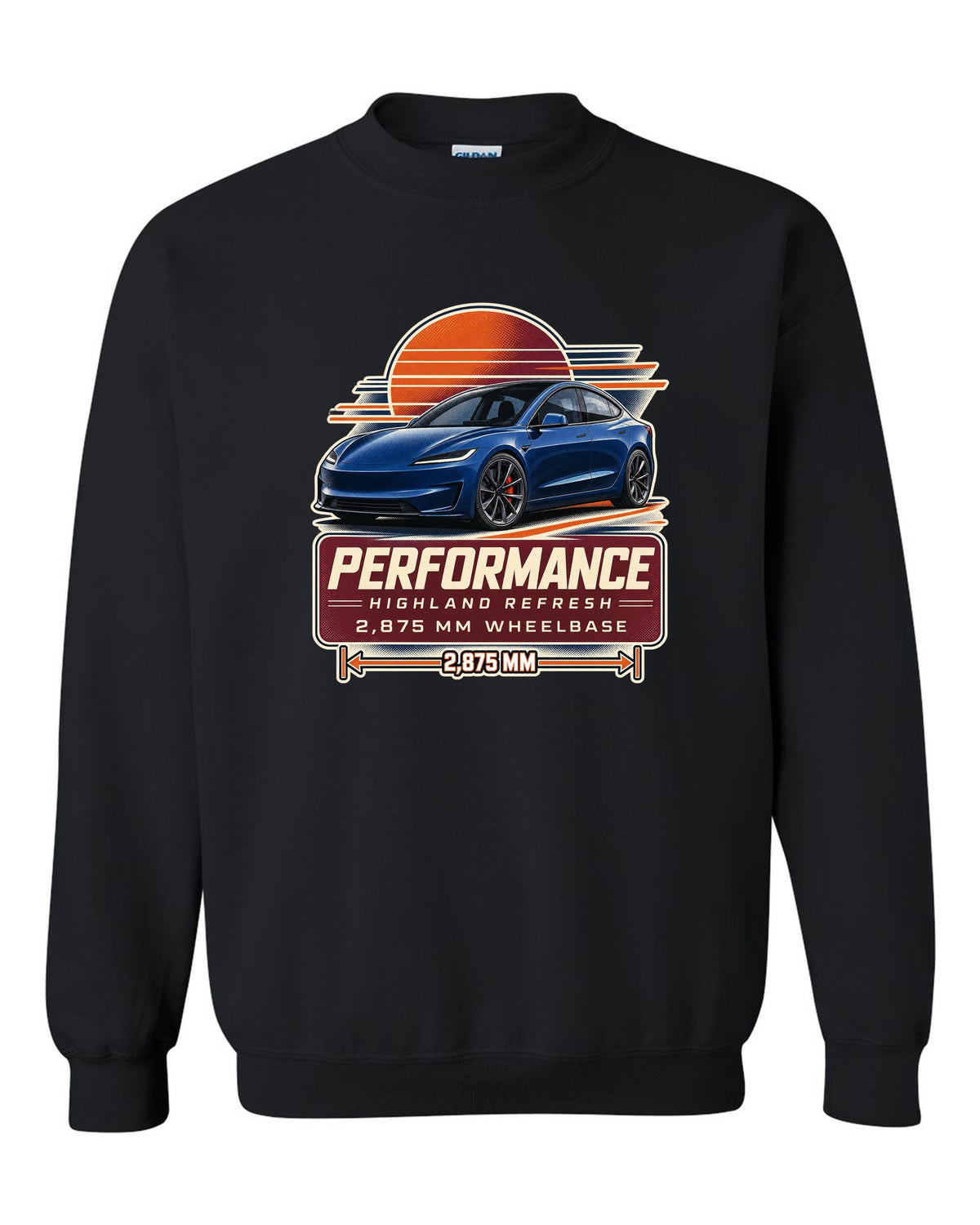 Spec poster print of a Tesla Model 3 Performance Highland refresh black crewneck front view with the design