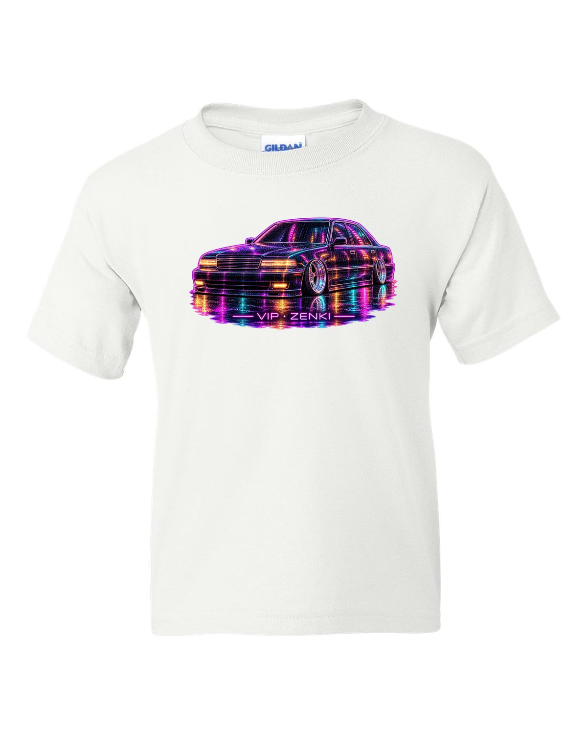Neon line illustration of a slammed Japanese luxury sedan in the rain with VIP ZENKI lettering white kids tee front view with the design