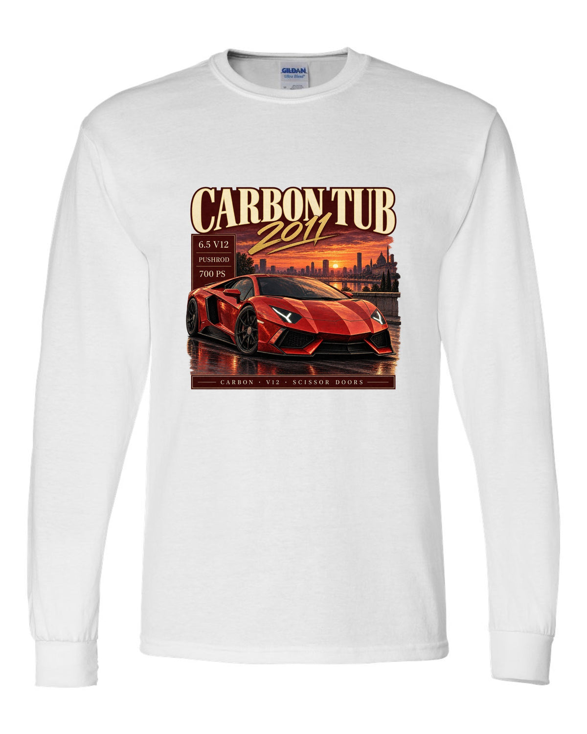 Archive panel print of a Lamborghini Aventador LP700-4 with Carbon Tub and 6.5 V12 text white long sleeve front view with the design