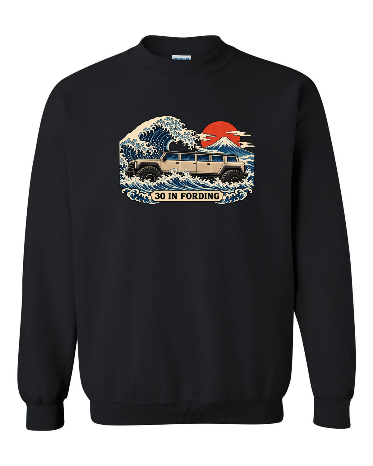 Ukiyo-e woodblock wave print with a 1992-2006 Hummer H1 and 30 IN FORDING text black crewneck front view with the design