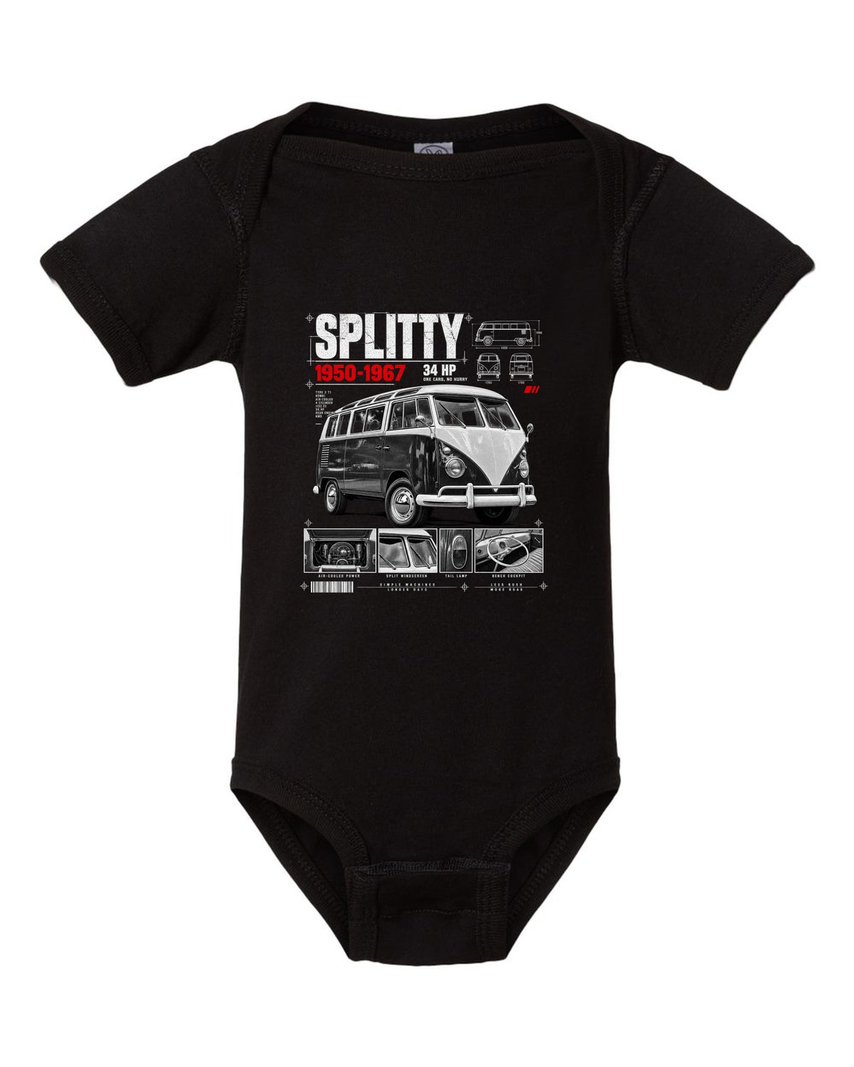 Dossier panel print of a 1962 VW T1 split-window Kombi with spec text black baby onesie front view with the design