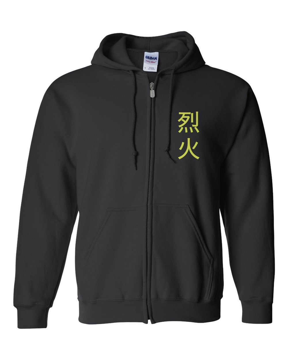 black zip hoodie front view with small kanji mark