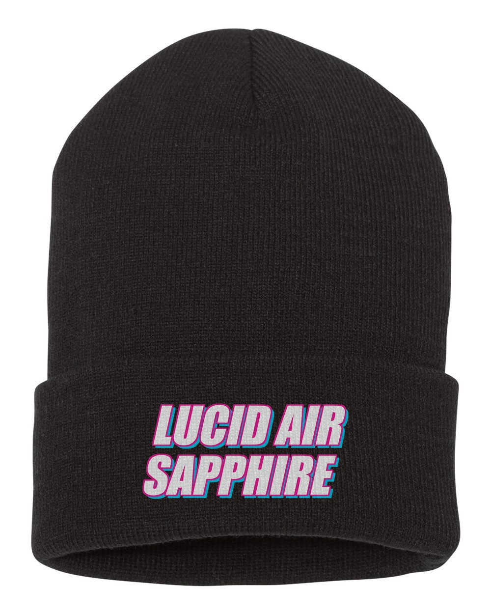 Lucid Air Sapphire black beanie front view with car name