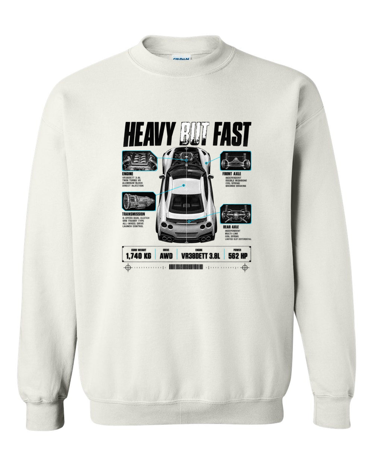 Top-down and profile spec poster of a Nissan GT-R R35 with 1,740 kg curb weight and VR38DETT lettering white crewneck front view with the design