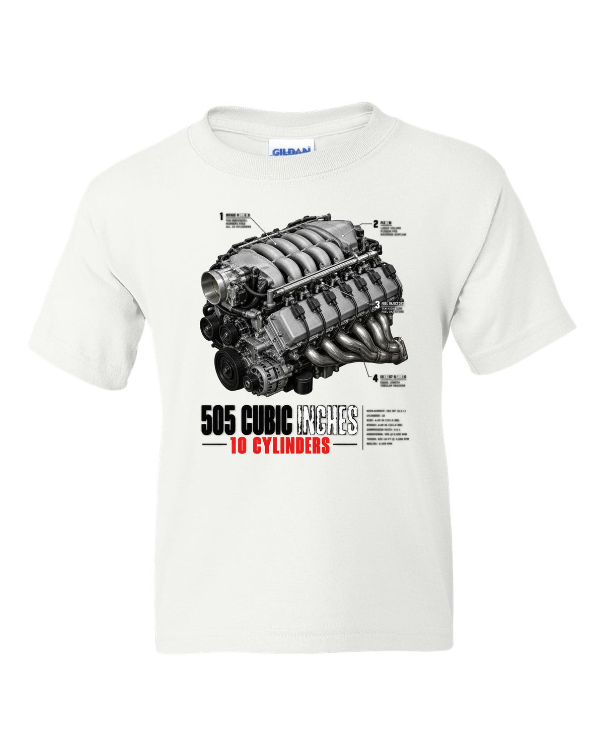 Dodge Viper SRT-10 ZB I 8.3L V10 engine hero print with 505 cubic inches lettering white kids tee front view with the design