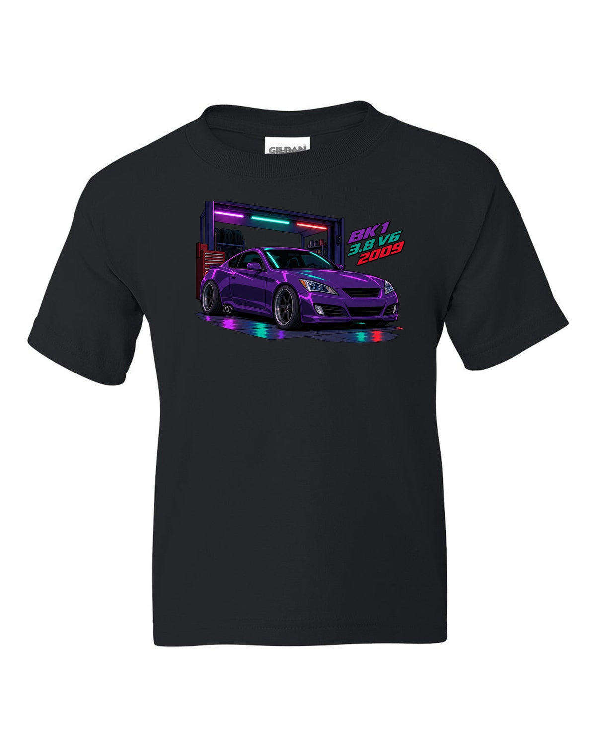 Cel-shaded anime print of a Hyundai Genesis Coupe BK1 in a garage with 3.8 V6 2009 text black kids tee front view with the design