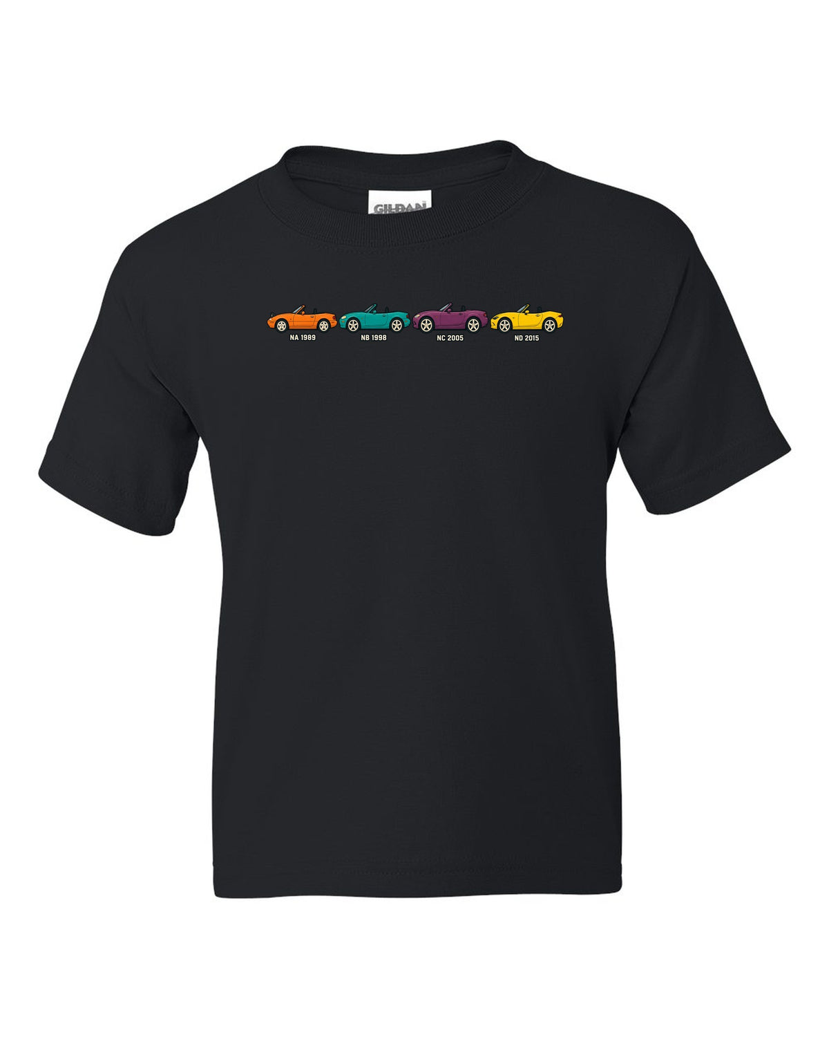 Ukiyo-e woodblock print of a Mazda MX-5 NA roadster taking a hairpin corner black kids tee front view with the design