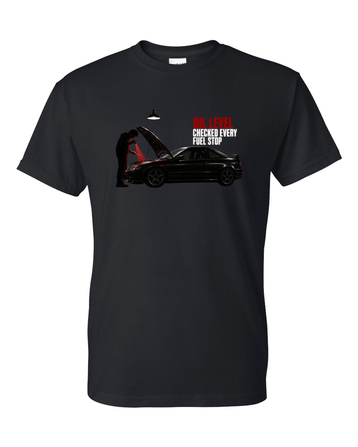 BMW E46 M3 coupe garage night print with oil level checked every fuel stop text black t-shirt front view with the design