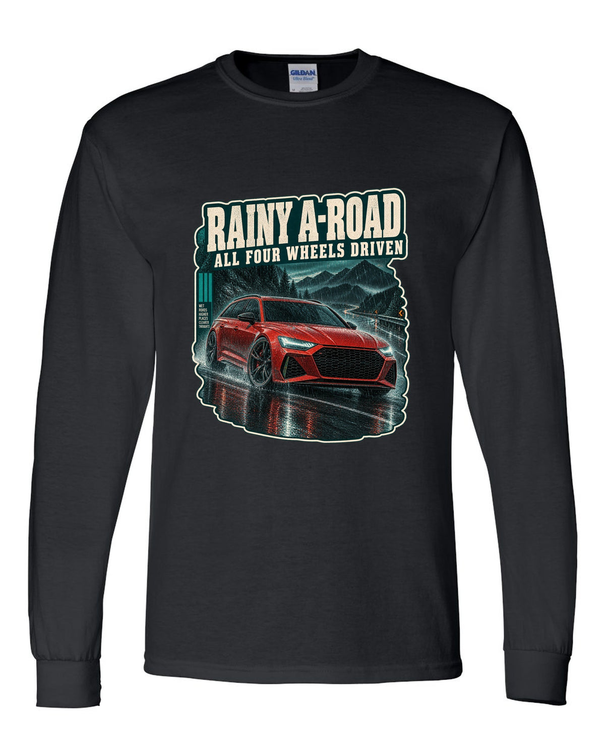Rainy night road scene with an Audi RS6 Avant C8, all-wheel-drive caption black long sleeve front view with the design