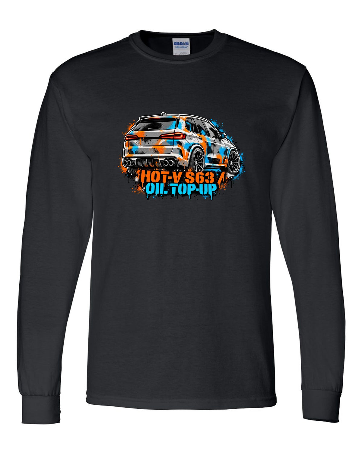Varsity crest print of a BMW i8 I12 with silent electric range lettering black long sleeve front view with the design