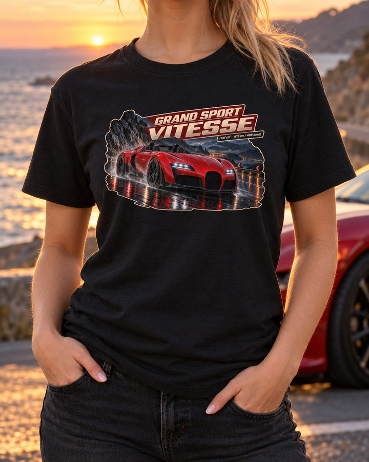 Bugatti Veyron Grand Sport Vitesse Touge Night Tee, print T-Shirt Black worn hero