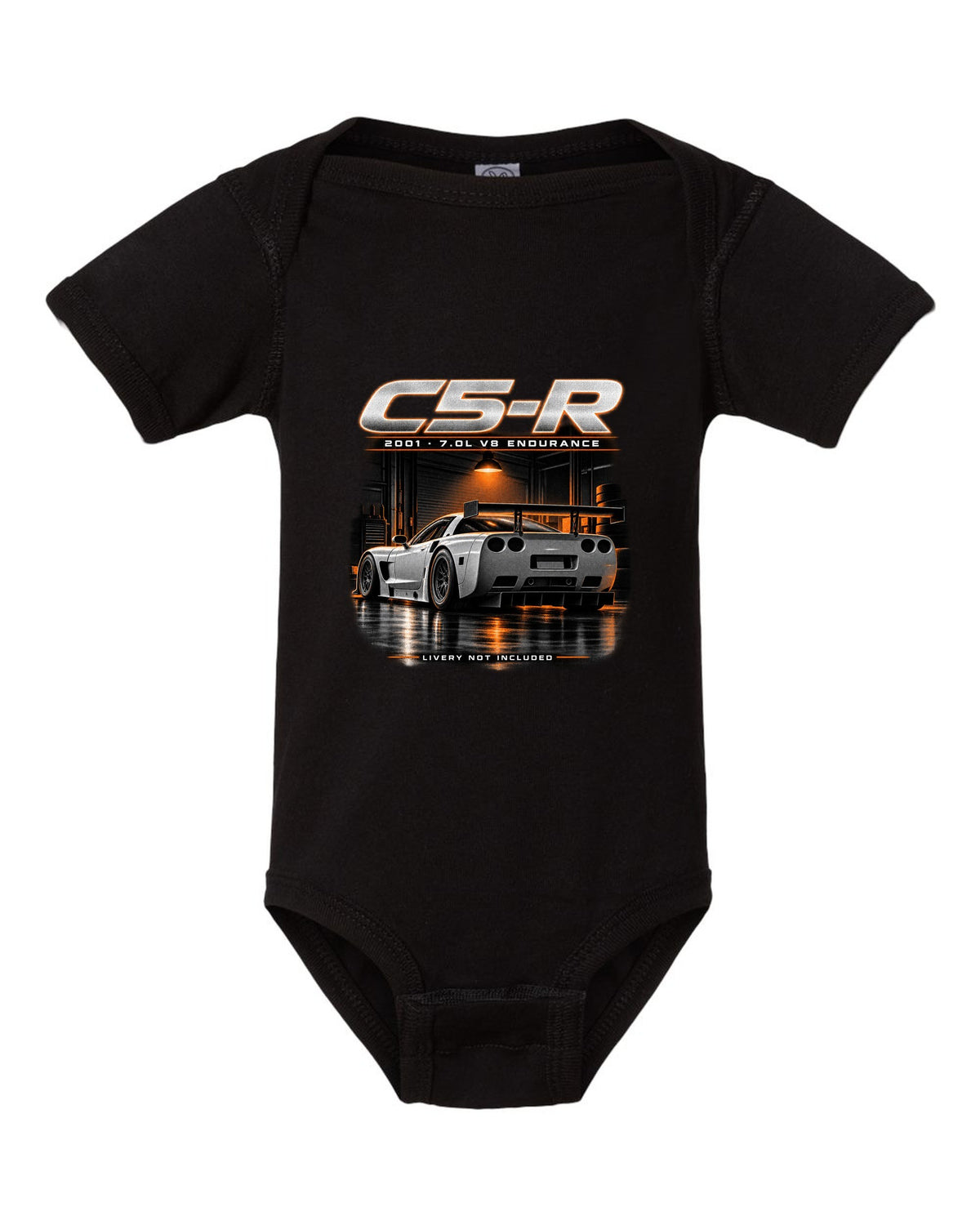 Corvette C5-R race car with big rear wing in a night garage black baby onesie front view with the design
