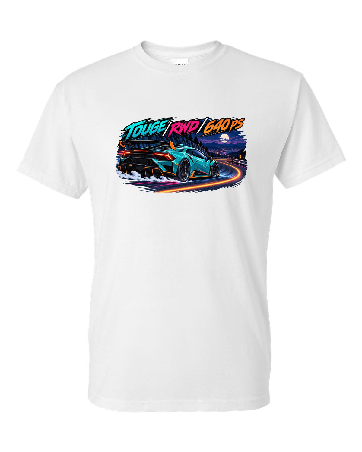 Cel-shaded anime night touge scene with a Lamborghini Huracan STO LP640-2 and text TOUGE / RWD / 640 PS white t-shirt front view with the design