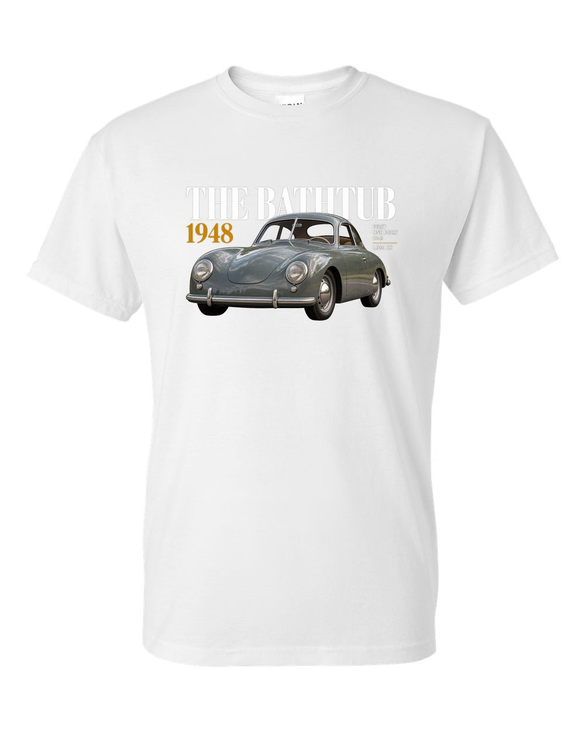 Editorial headline print of the 1948 Porsche 356 Pre-A coupe nicknamed the Bathtub white t-shirt front view with the design