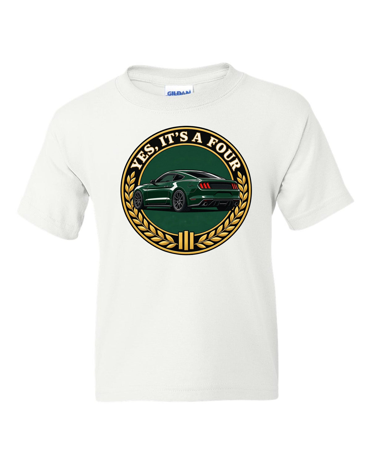 Gauge-cluster HUD print of an S550 Mustang fastback showing 0-60 in 4.3 seconds white kids tee front view with the design