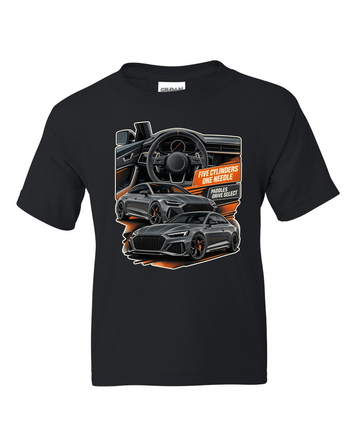 Interior and gauge cluster print of an Audi RS3 8Y black kids tee front view with the design
