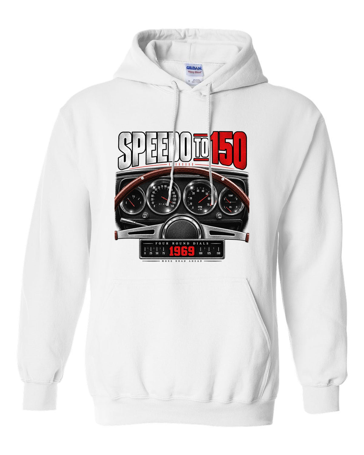 Cockpit gauge print of a 1969 Dodge Charger R/T with four round dials and a 150 speedometer white pull over hoodie front view with the design