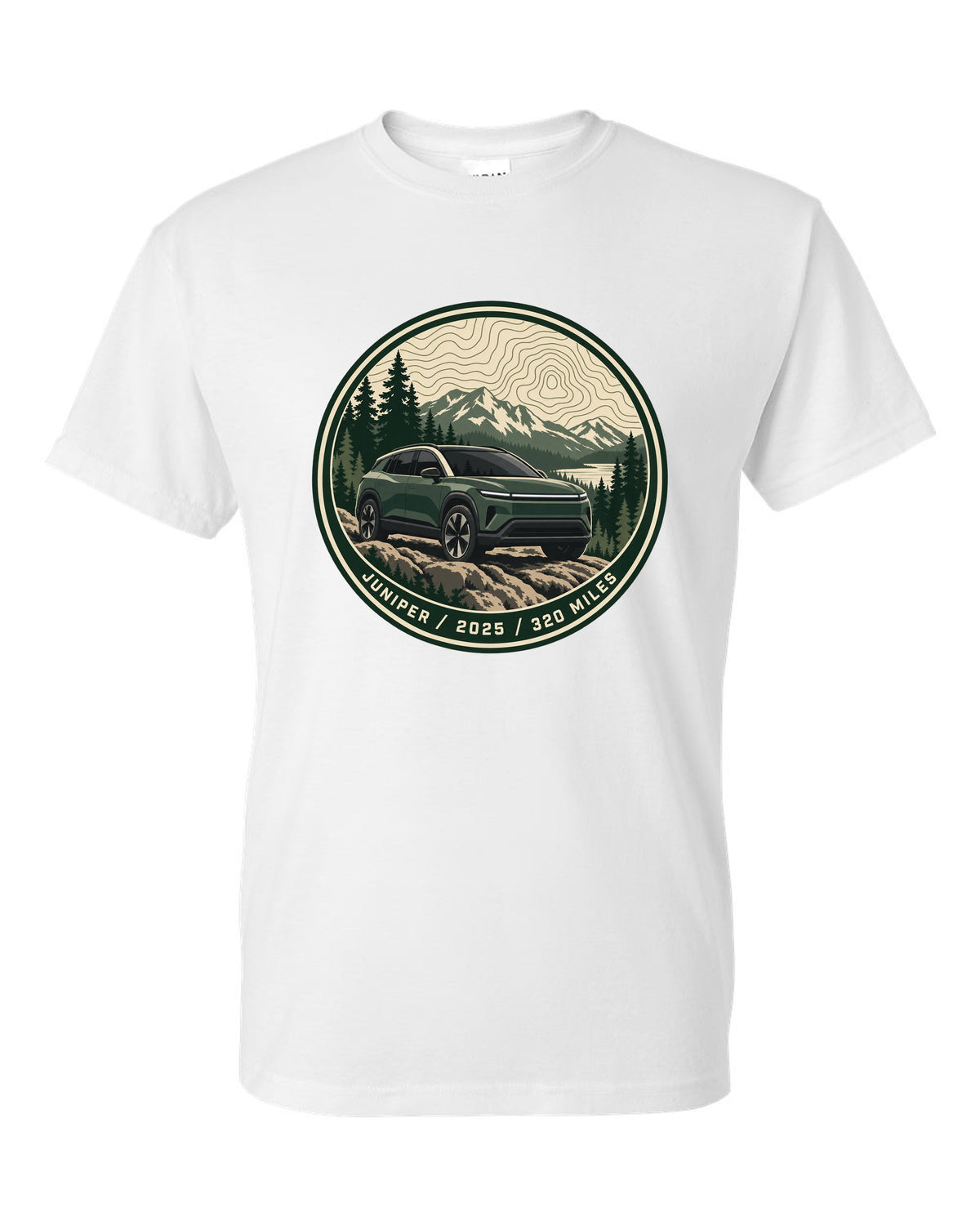 Topographic contour map trail badge print for a Tesla Model Y Juniper reading Juniper 2025 320 Miles white t-shirt front view with the design