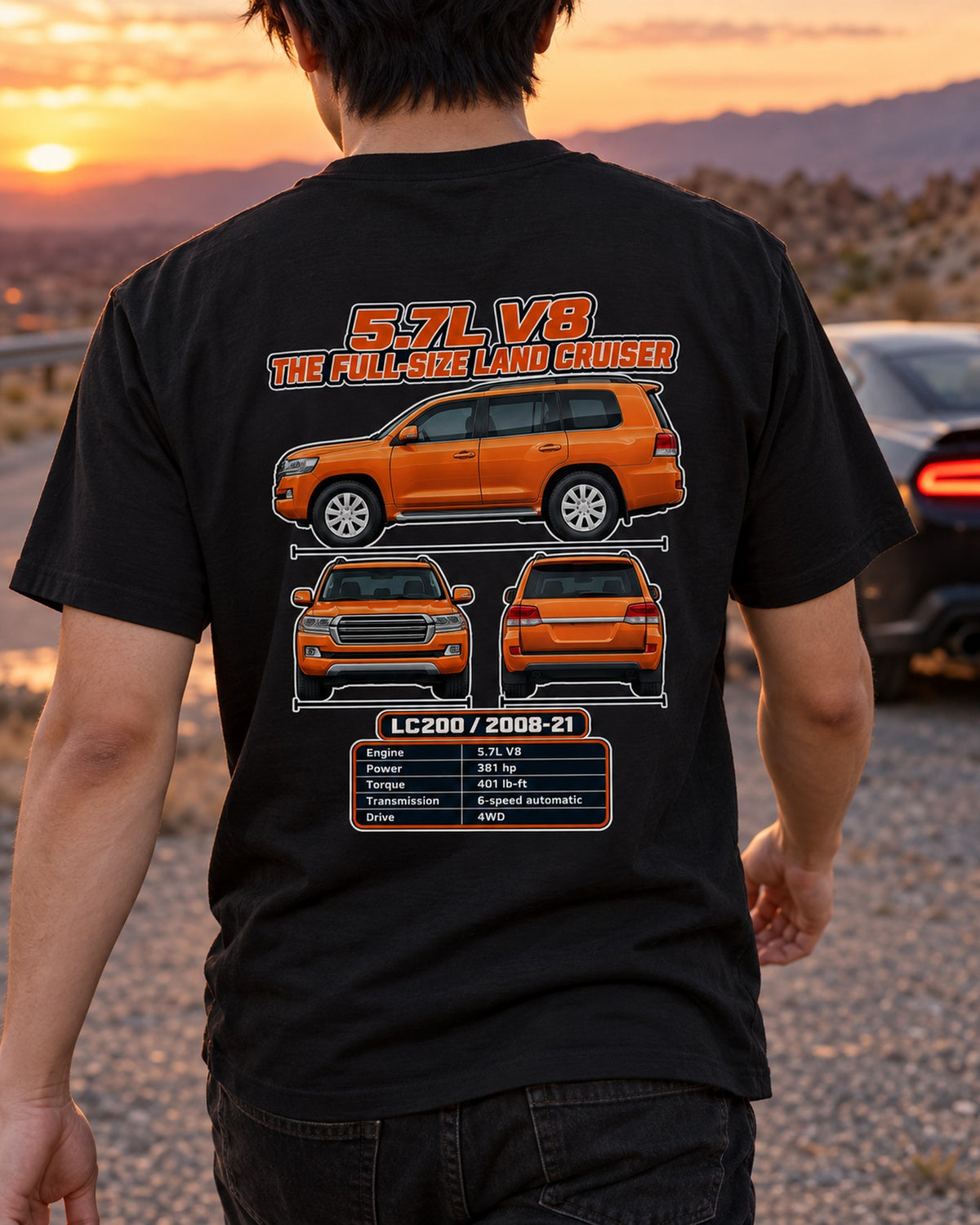 Toyota Land Cruiser 200 Spec Sheet Full-Back Graphic Tee T-Shirt Black worn hero
