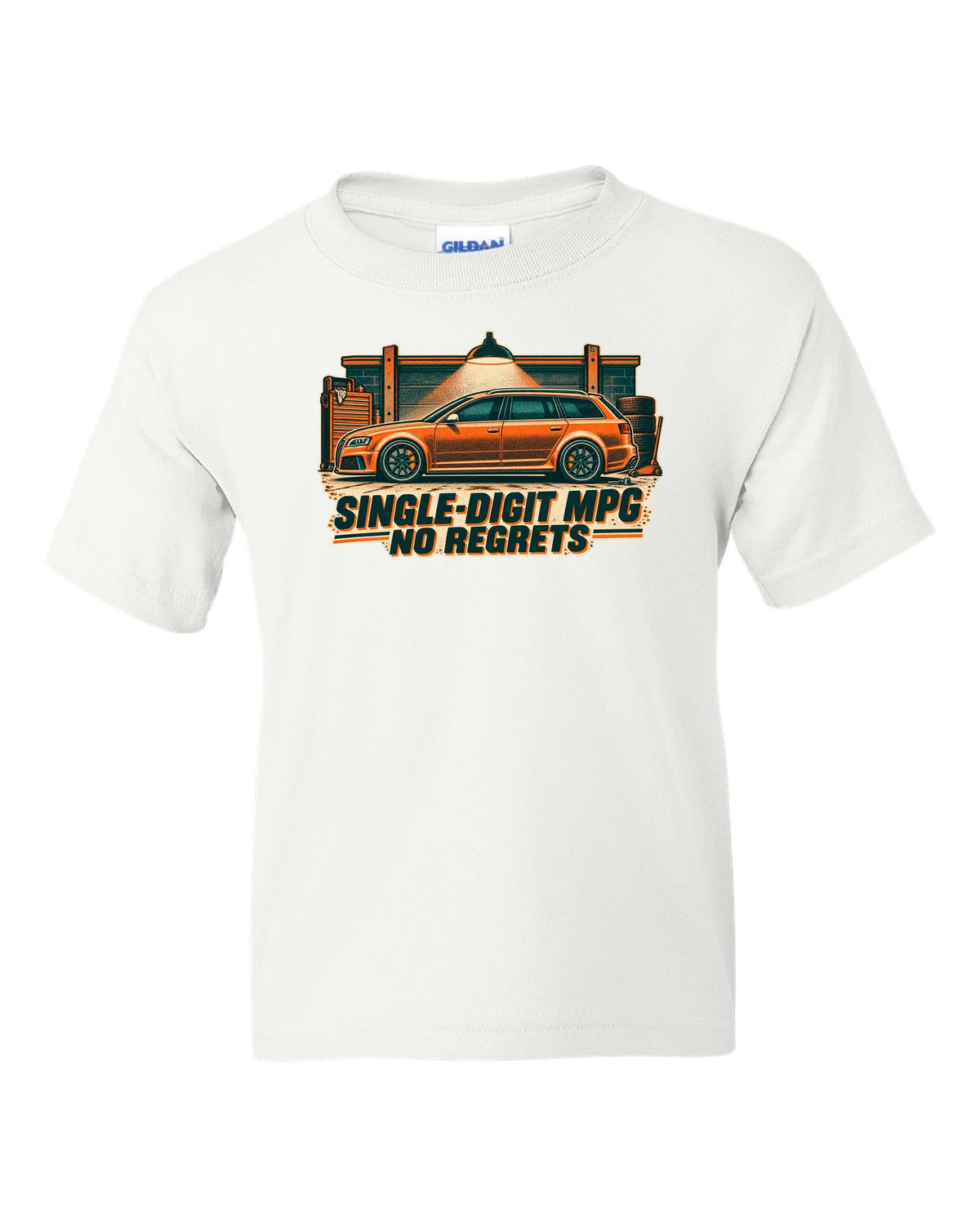 Risograph garage light design of the Audi RS6 Avant C6 4F with single-digit MPG no regrets lettering white kids tee front view with the design