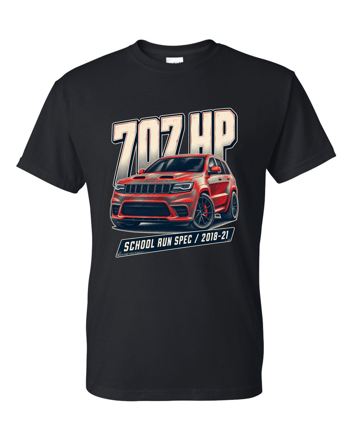 Halftone print of the Jeep Grand Cherokee Trackhawk WK2 with 707 HP lettering black t-shirt front view with the design