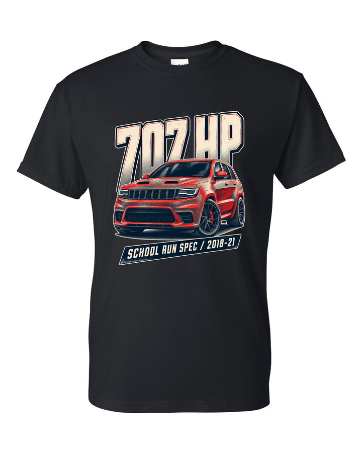 Halftone print of the Jeep Grand Cherokee Trackhawk WK2 with 707 HP lettering black t-shirt front view with the design