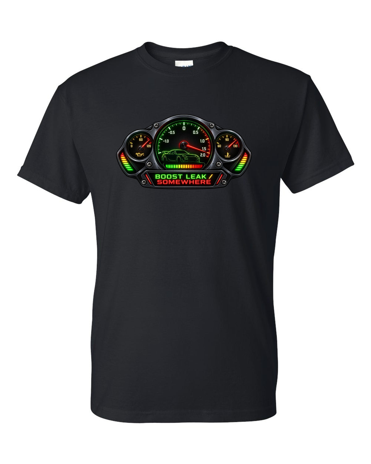 Sticker-bomb collage print of a Mazda RX-7 FD3S with text 5-Lug, 17 Inch, Bronze black t-shirt front view with the design
