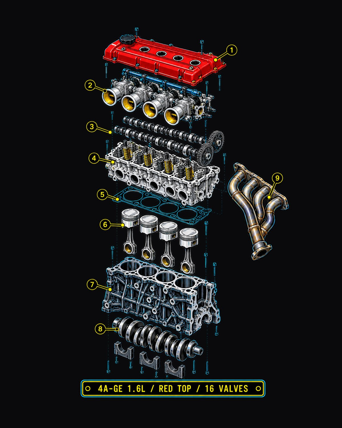 Toyota AE86 Corolla Levin 4A-GE Exploded Blueprint Tee design only