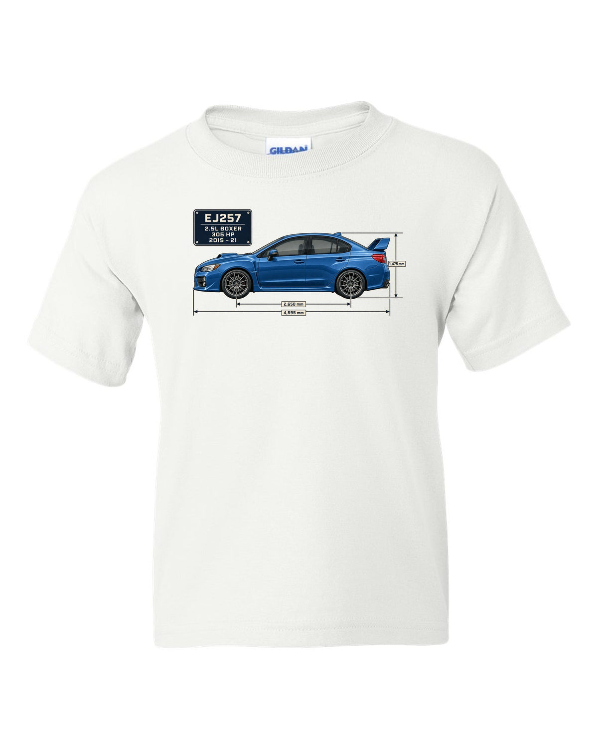Subaru WRX STI VA sedan blueprint profile in blue-grey white kids tee front view with the design