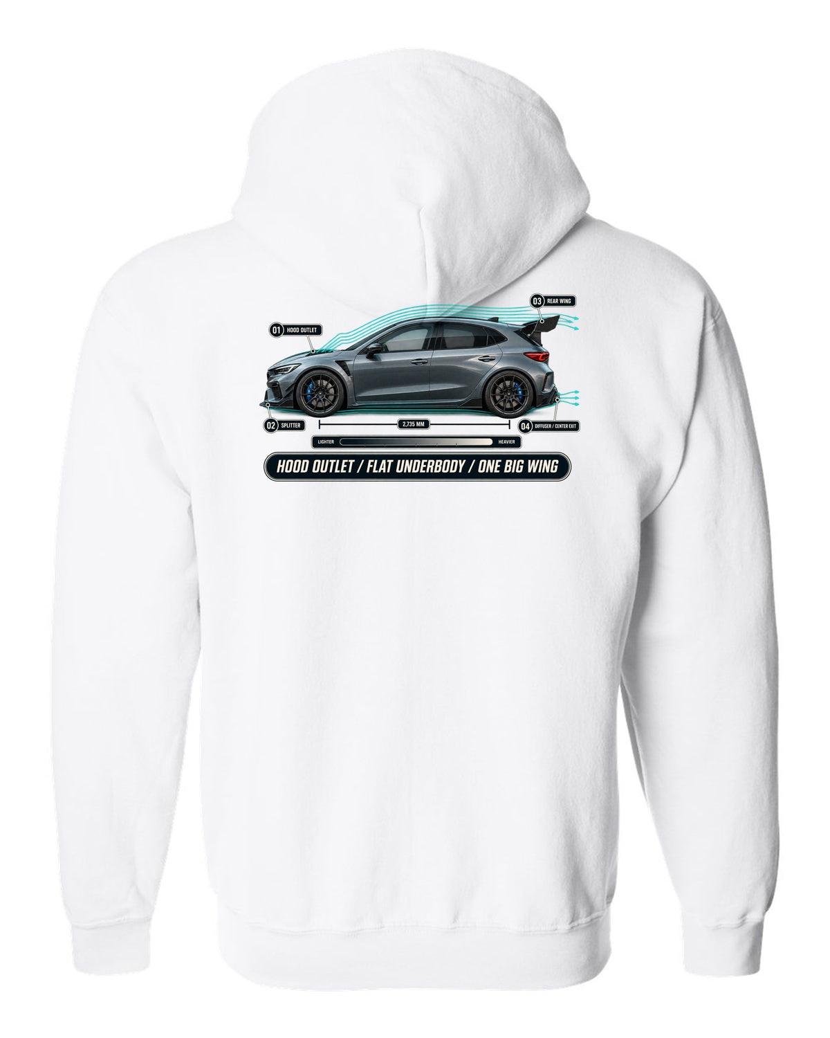 Honda Civic Type R FL5 Airflow Callouts white zip hoodie back view with the design
