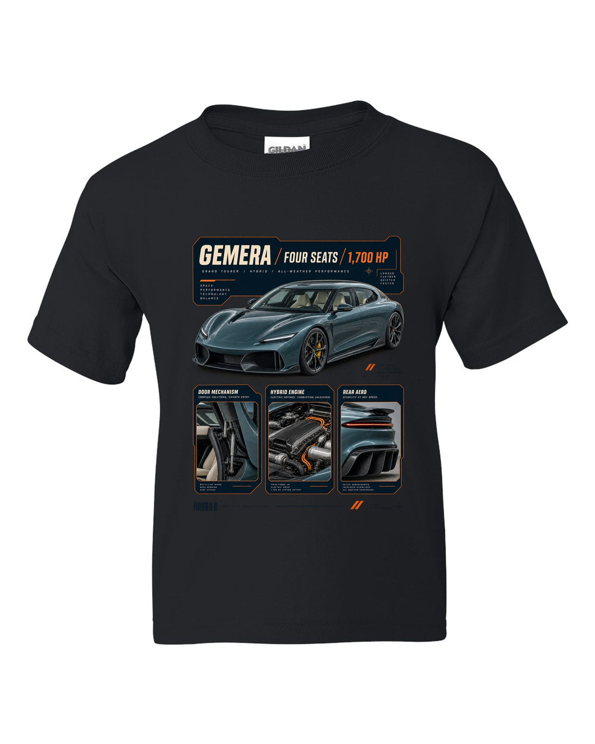 Dossier panel print of the Koenigsegg Gemera with the text Gemera, Mega-GT, four seats, 2020 reveal black kids tee front view with the design