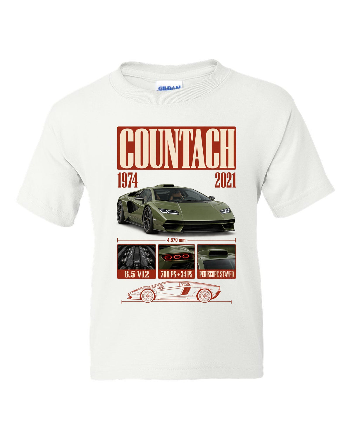 Lamborghini Countach LPI 800-4 archive panel print covering 1974 to 2021 with V12 specs white kids tee front view with the design