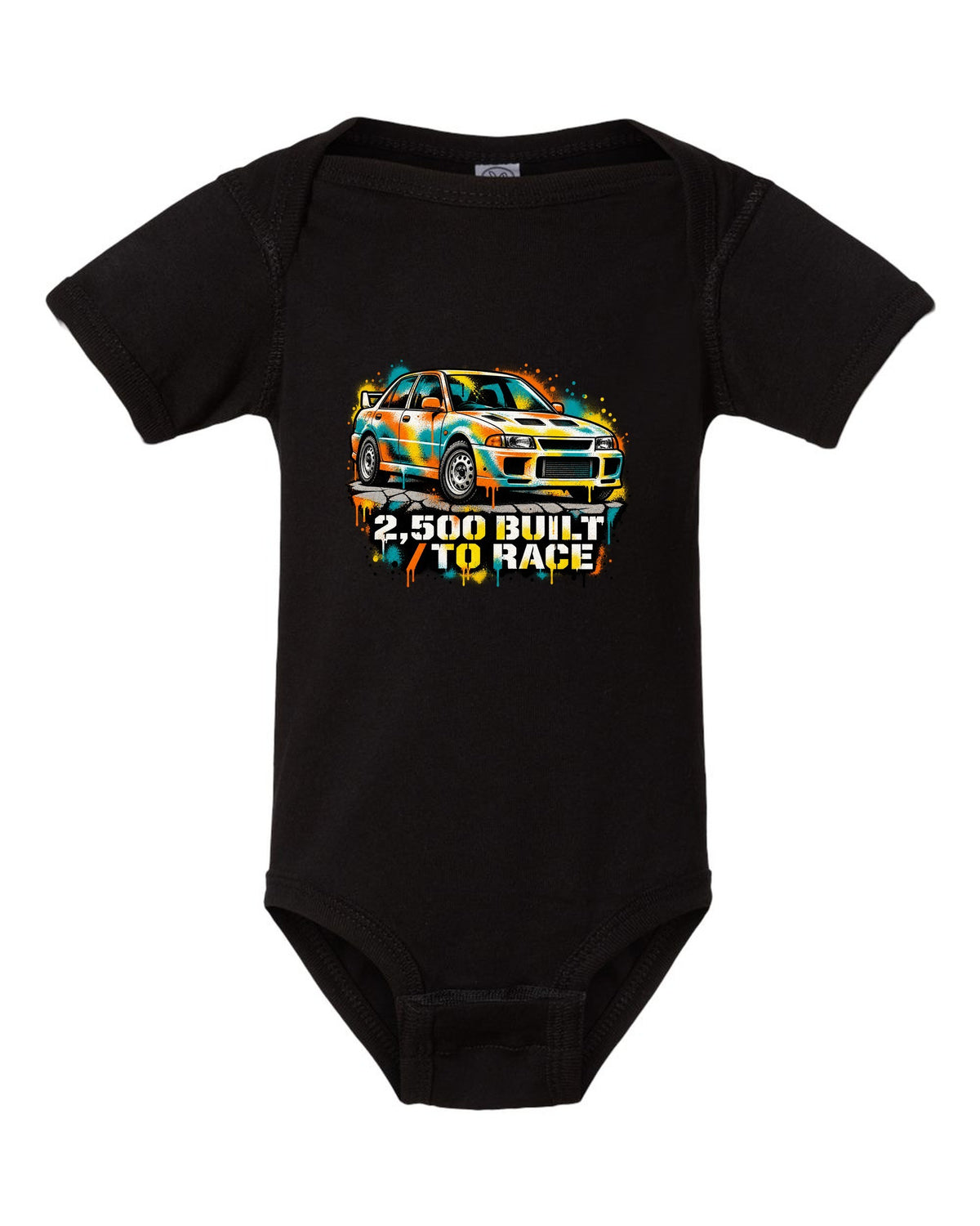Spray-paint stencil of a Mitsubishi Lancer Evolution I CD9A with 2,500 built text black baby onesie front view with the design