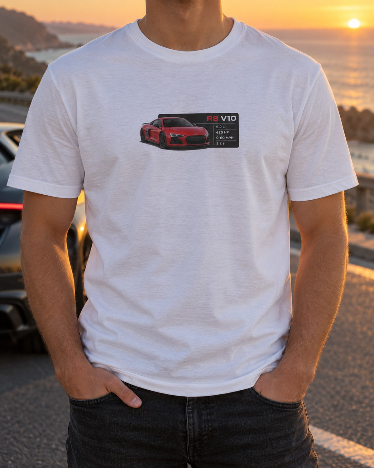 Audi R8 V10 Performance Spec Poster Tee, 331 km/h Top Speed T-Shirt White worn hero