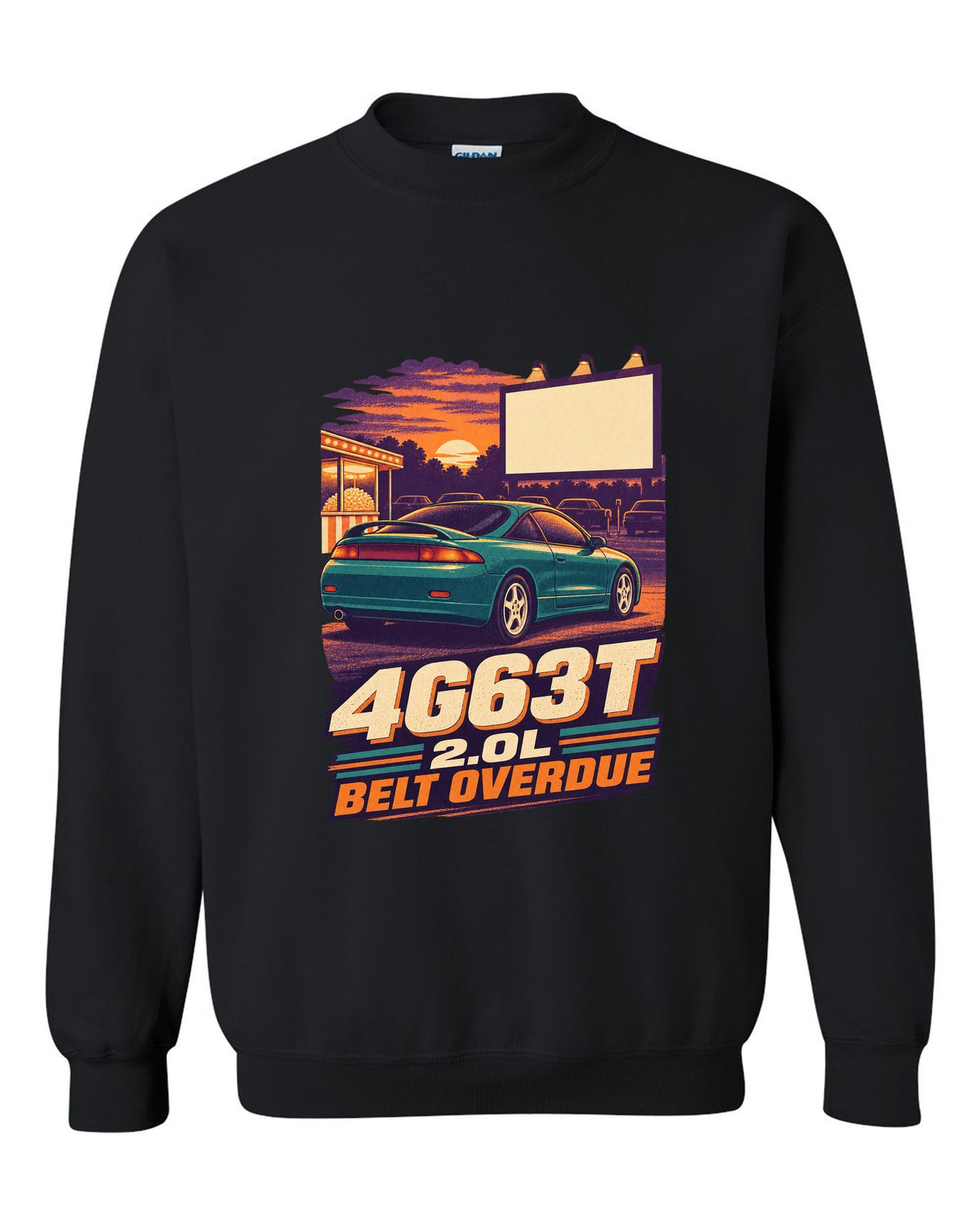 Vintage race-poster lithograph print of a Mitsubishi Eclipse 2G with 4G63T 2.0L belt overdue lettering black crewneck front view with the design