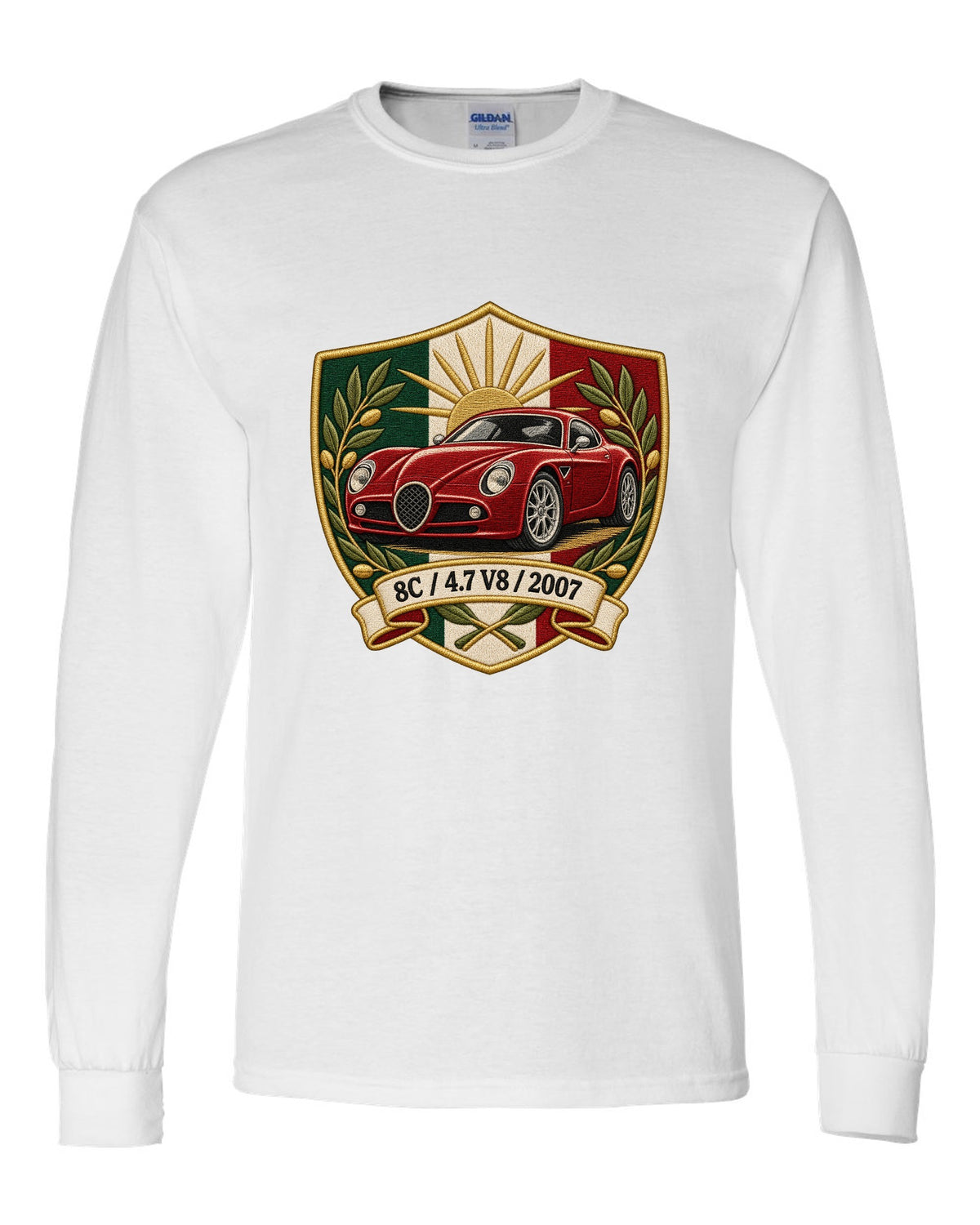 Embroidery style varsity crest for an Alfa Romeo 8C Competizione with 4.7 V8 and 2007 white long sleeve front view with the design