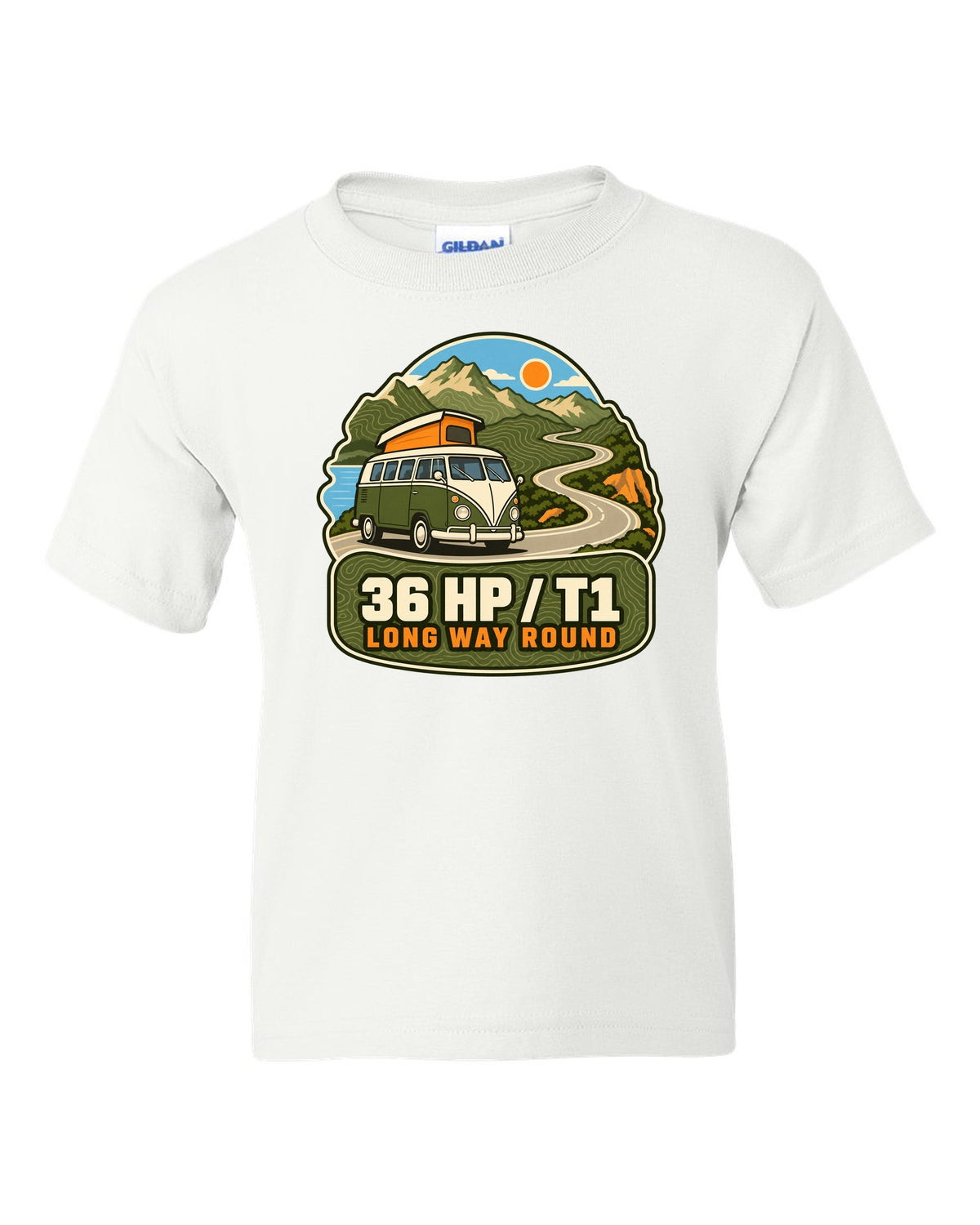 Topographic route map print of a 1962 VW Bus T1 split-window with 36 HP lettering white kids tee front view with the design