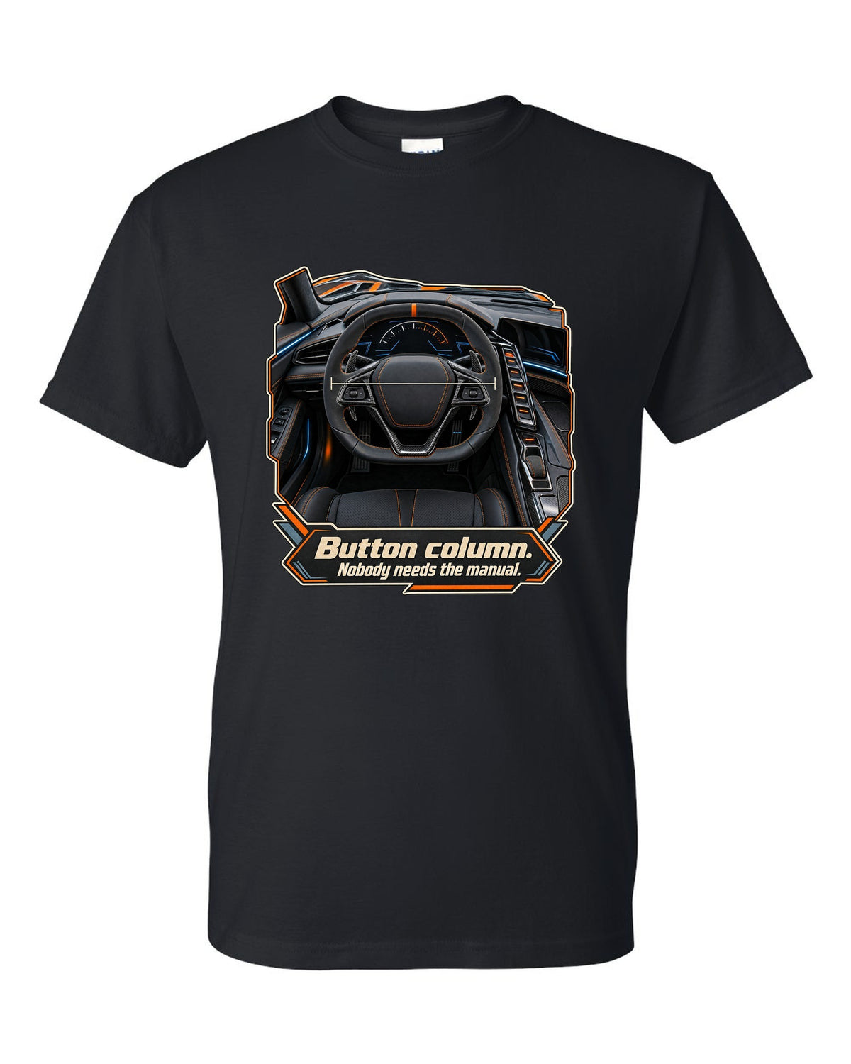 print of a Chevrolet Corvette C8 ZR1 cockpit with gauges and button column text black t-shirt front view with the design