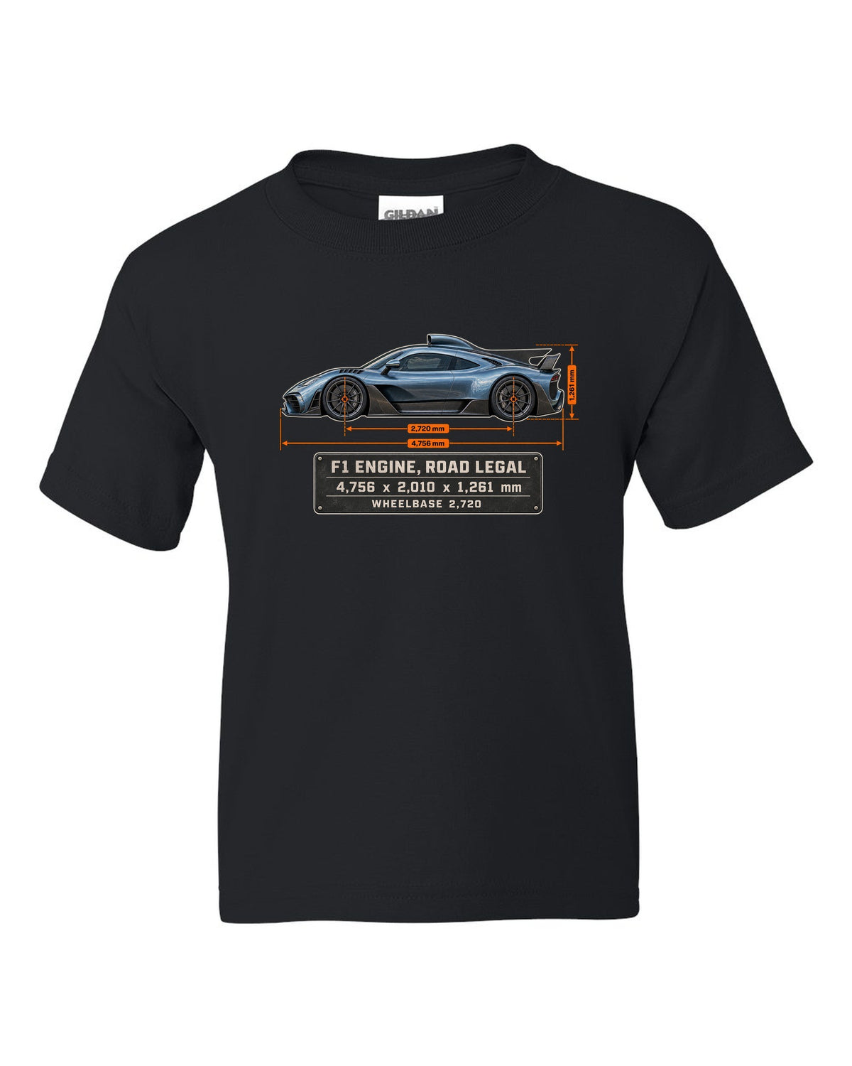 Mercedes-AMG One Dimension Blueprint black kids tee front view with the design